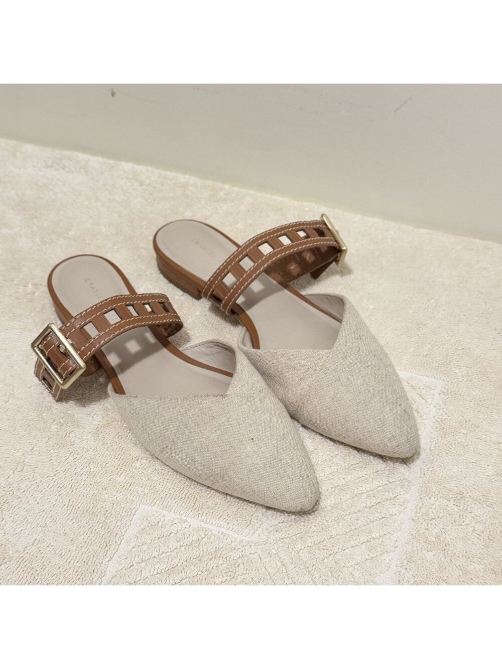 Charles & Keith Women’s Beige Canvas Pointed Toe Buckle Mule Flats EU 35 US 5